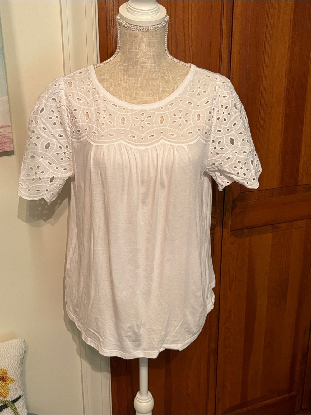 Loft White Eyelet Yoke Short Sleeve cotton Women's top